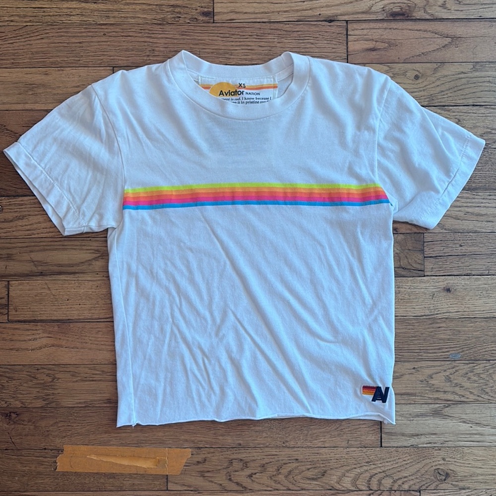 Aviator Nation White and Red Short Sleeve Tee with Bold Rainbow Stripe
